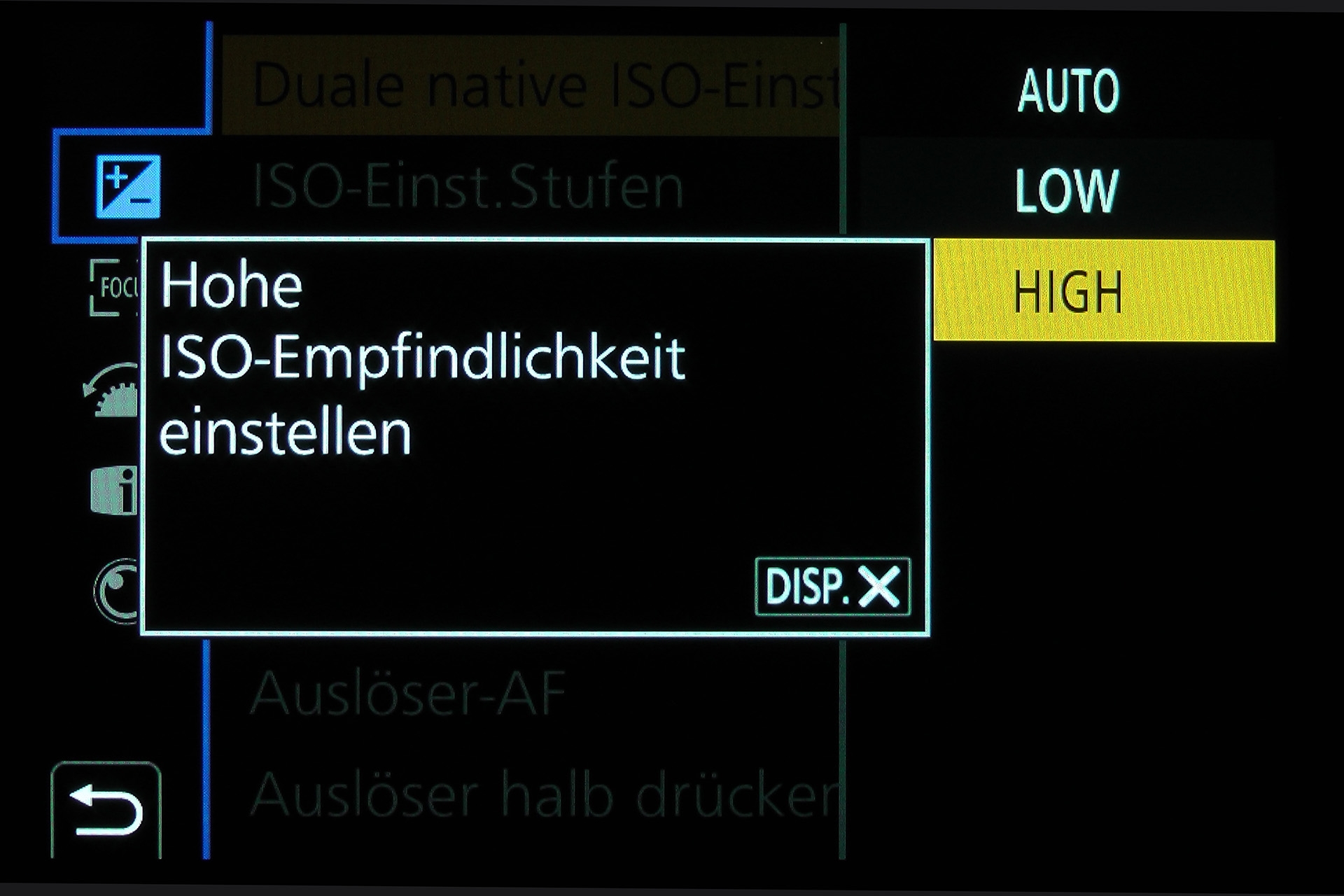 Panasonic-Lumix-GH5S-Low-Light-Fähigkeit: Dual-Native-ISO-Auswahl durch den Benutzer. Hier die HIGH-Einstellung für Aufnahmen bei ungünstigen Lichtverhältnissen.